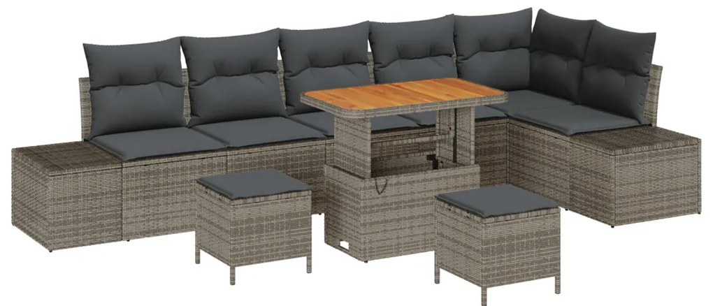 9 részes kertibútor szett párnákkal szürke poli rattan akác, 2-fős kertibútor párnákkal szürke poli rattan, 3 részes kert dining szett párnákkal szürke poli rattan akác