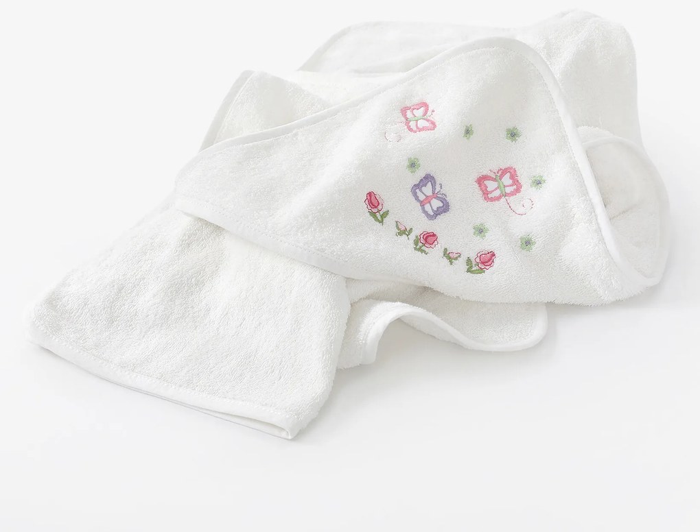 Goldea gyermek frottír fördőlepedő csuklyás - pillangók fehéren 100 x 100 cm