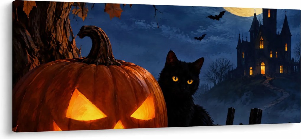 Kép - Fekete macska egy világító halloweeni tök mellett (120x50 cm)