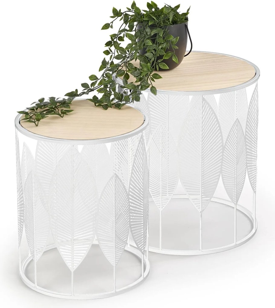 Dohányzóasztal kerek fehér kicsi, 2 db-os nappali pad szett, modern Folla