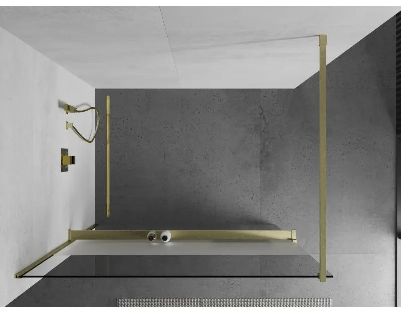 Mexen Kioto+, Walk-In zuhanyparaván polccal és akasztóval 120 x 200 cm, 8 mm átlátszó matt üveg, arany matt profil, 800-120-121-55-35