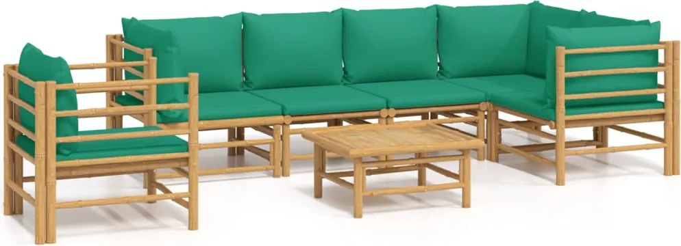vidaXL 7 részes bambusz kerti ülőgarnitúra zöld párnákkal