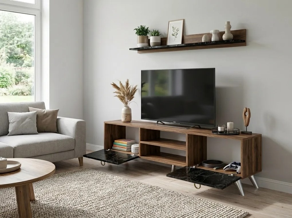 TV szekrény ZEN 160 cm fali polccal, dió/fekete márvány dekoráció