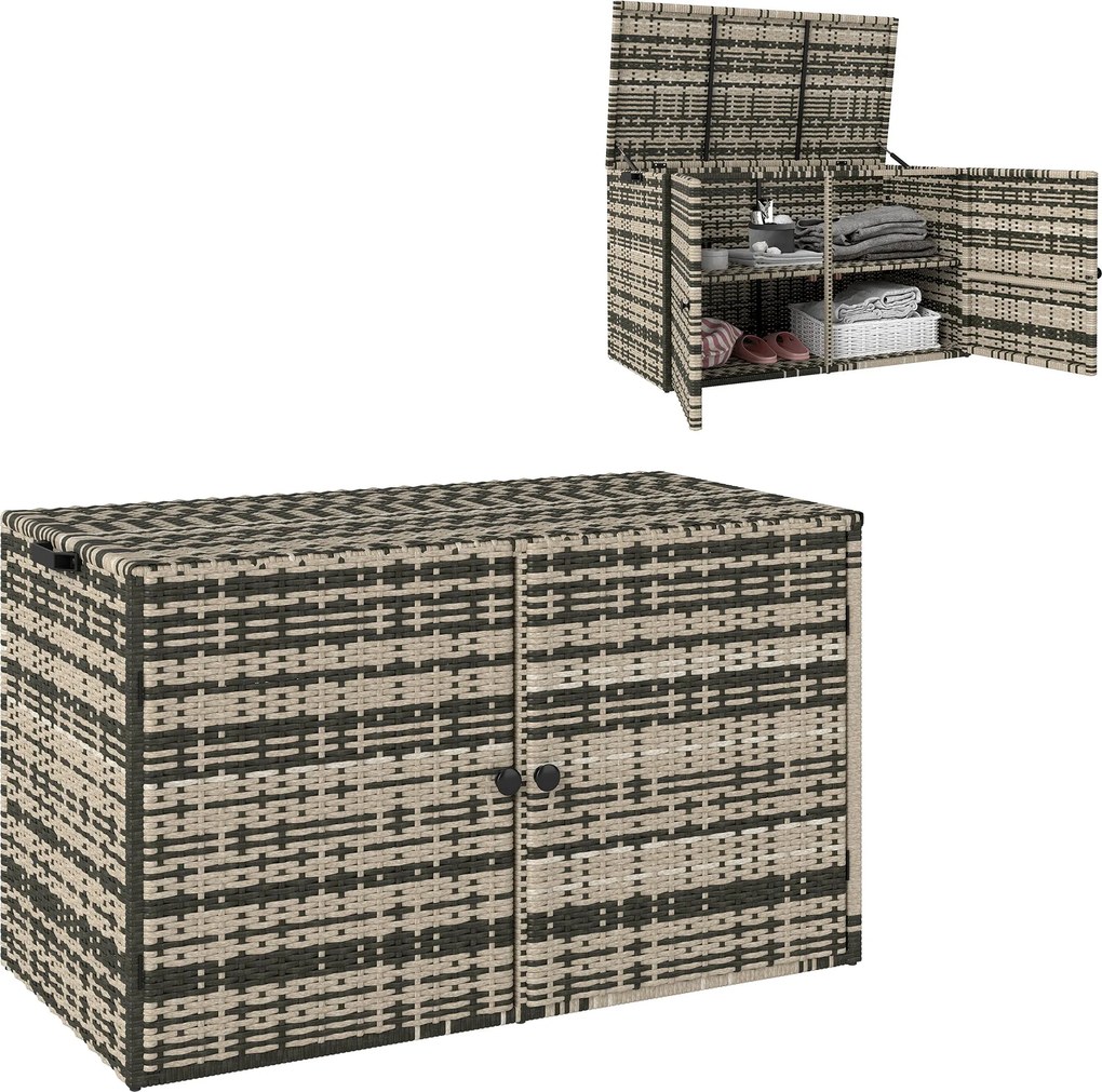 Outsunny Rattan párnás tárolódoboz 350L 2-szintes időjárásálló tárolódoboz nyitós rúdakkal, hordozó fogantyúkkal, UV-álló kertiboksz tároló láda kerth