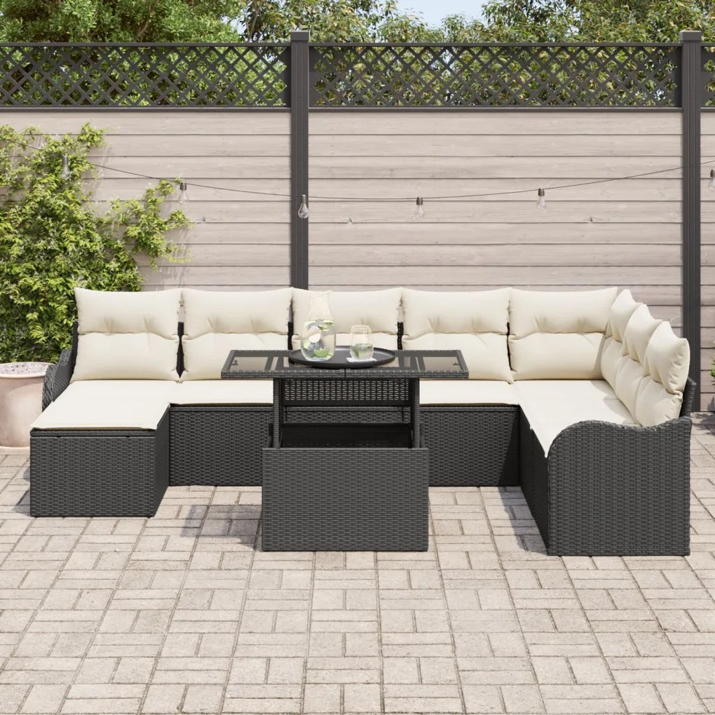 9 Darabos Kerti Sofa Szett Párnákkal Fekete Poly Rattan, 2-Személyes Kerti Sofa Tárolóval és Párnákkal Fekete Poly Rattan