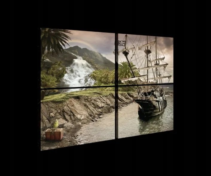 Vászonkép 120x80 Trópusi vízesés vitorlás kalóz hajó kaland rejtély