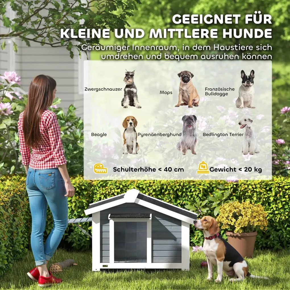 PawHut Kutyaház, időjárásálló fa, kivehető padlóval, aszfalt tetővel, nyitó ablakkal, szürke
