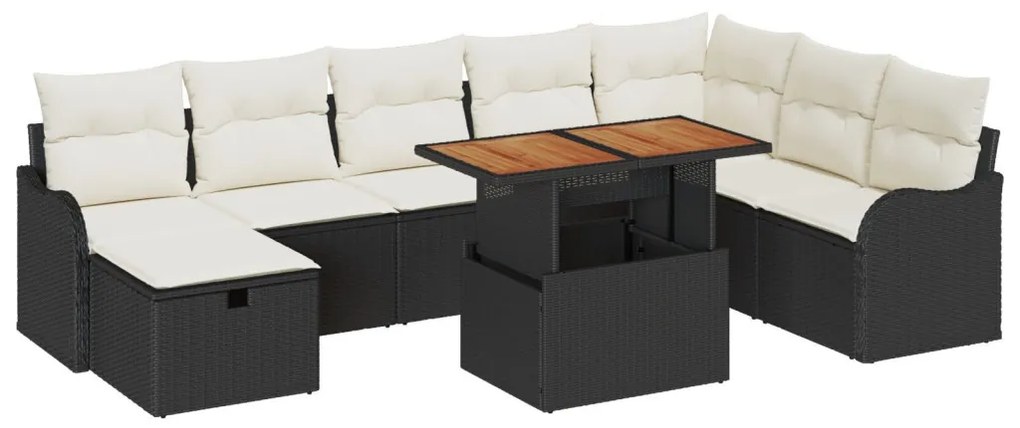 9 részes kerti kanapé szett párnákkal Fekete Polyrattan, 2 személyes kerti kanapé párnákkal Fekete Polyrattan