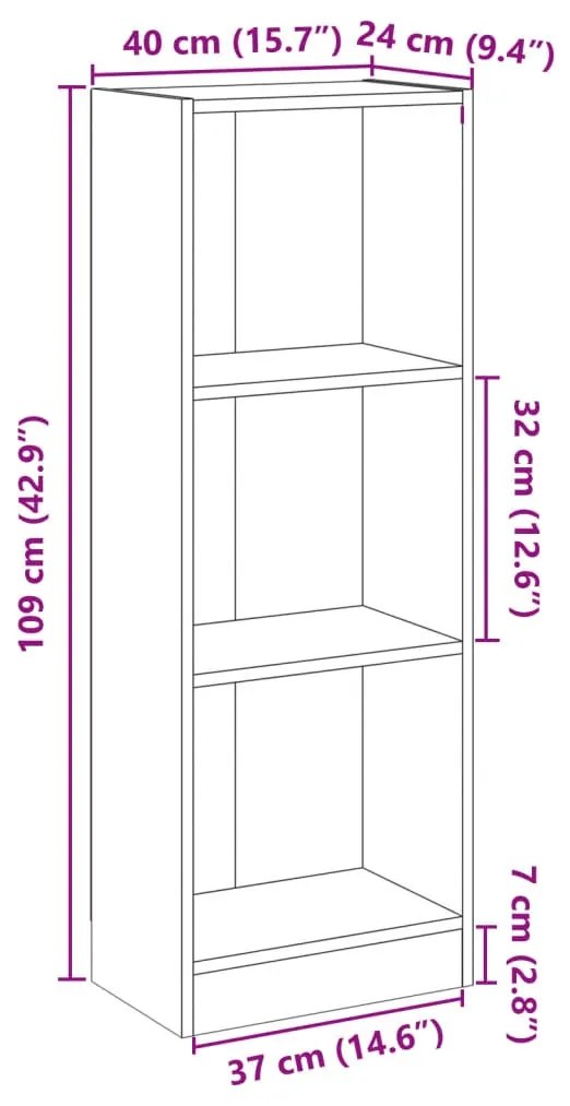 3 szintes betonszürke szerelt fa könyvszekrény 40x24x109 cm