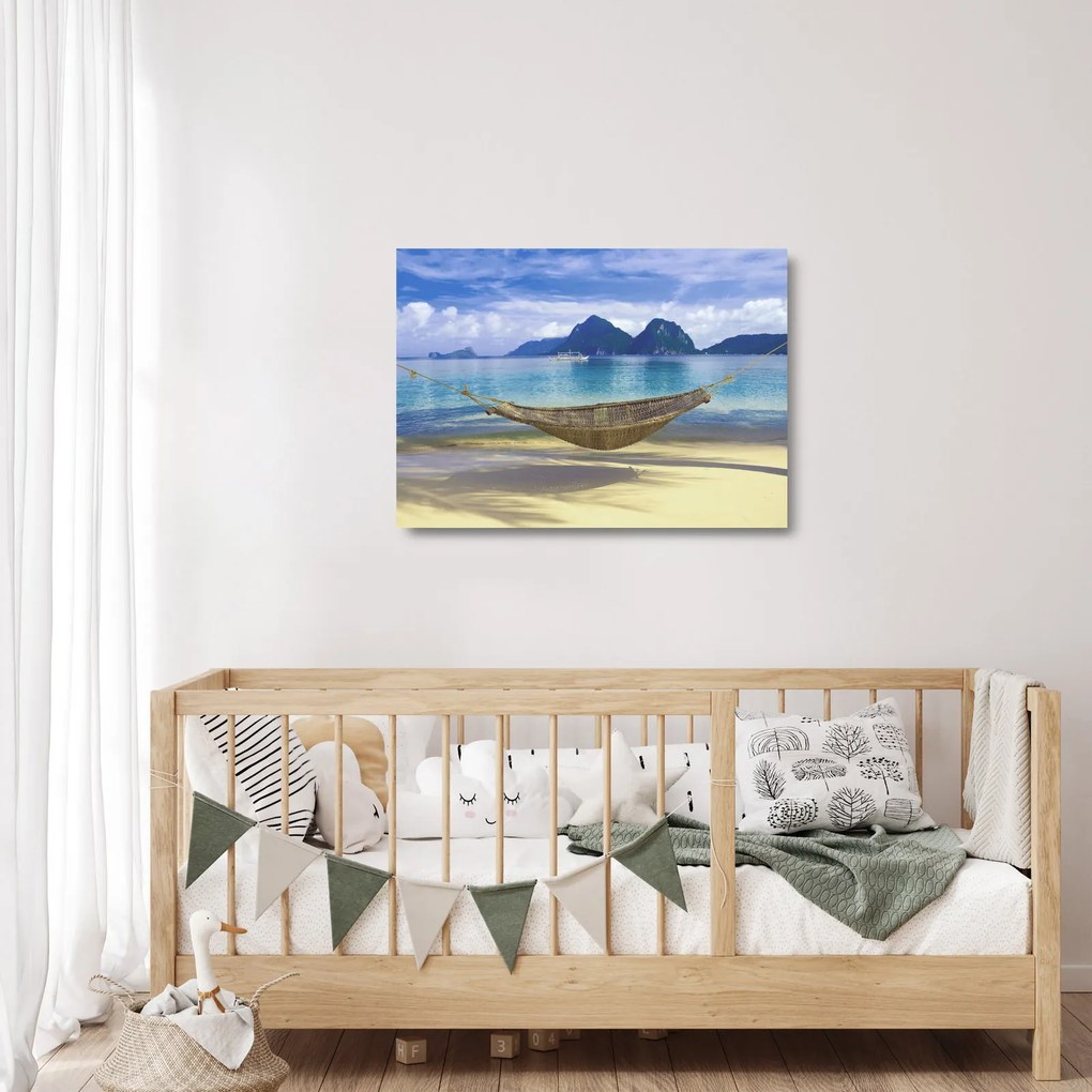 Kép - Egy függőágy képe a tengerparton 2 (üvegen) (70x50 cm)
