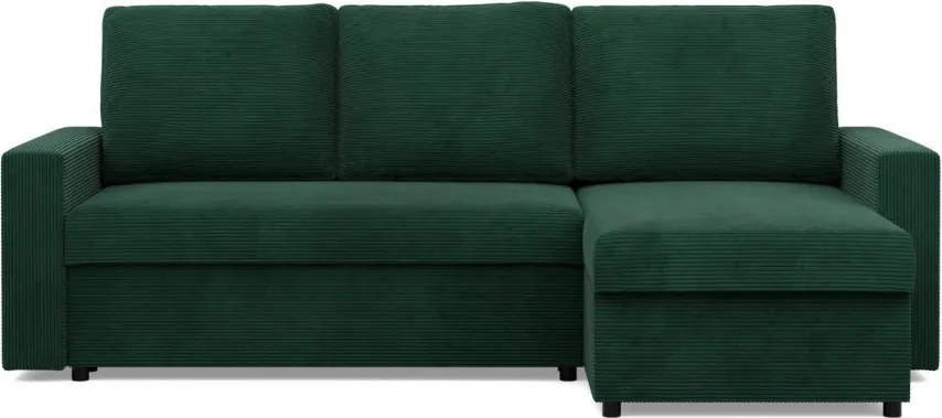 Zeus sarokkanapé, 2 ágyneműtartóval, egyenes kartámasz, kordbársony, univerzális oldal, hab töltet, zöld