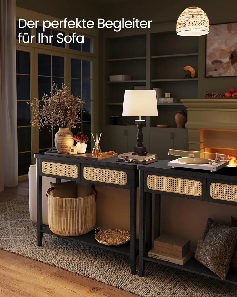 VASAGLE boho konzolasztal 2 fiókkal és polccal, hamufekete