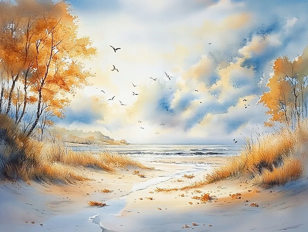 Vászonkép Canvas Tájkép Tenger Tengerpart Hullámok Dűnék Sirályok Ősz 80x60