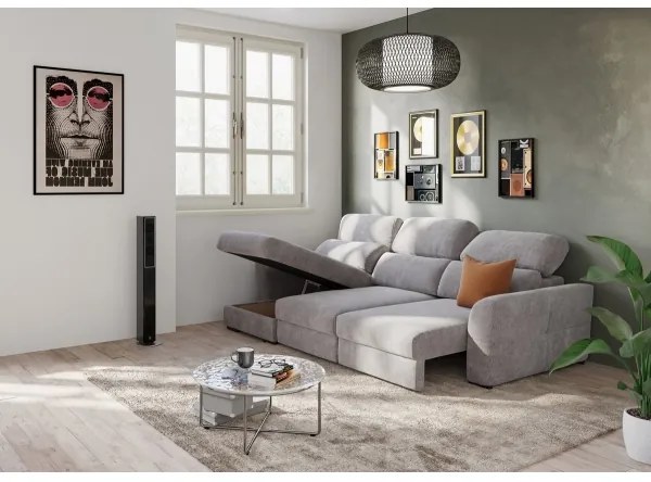 Univerzális sarokkanapé, kihúzható, háromszemélyes, tárolórekesszel TRENTO taupe