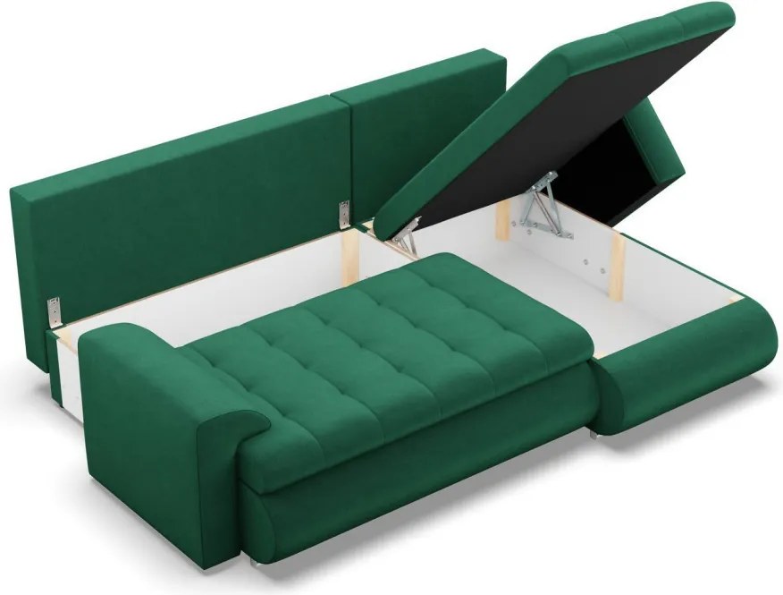 Tokio sarokkanapé, 2 ágyneműtartóval, bársony, jobboldali, zöld