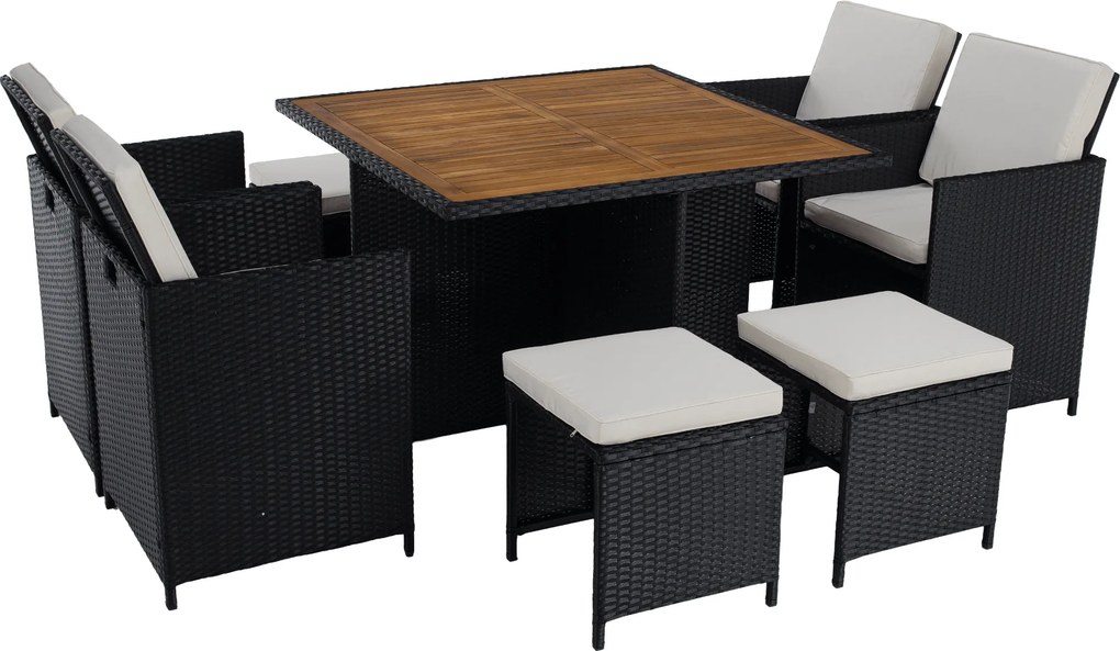 Kerti rattan szett, akácfa, fekete/krémszínű/természetes, MELFORD
