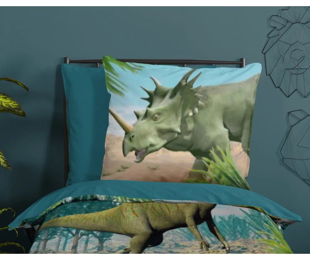 Zöld-kék egyszemélyes pamut gyerek ágyneműhuzat 140x200 cm Dino – Good Morning
