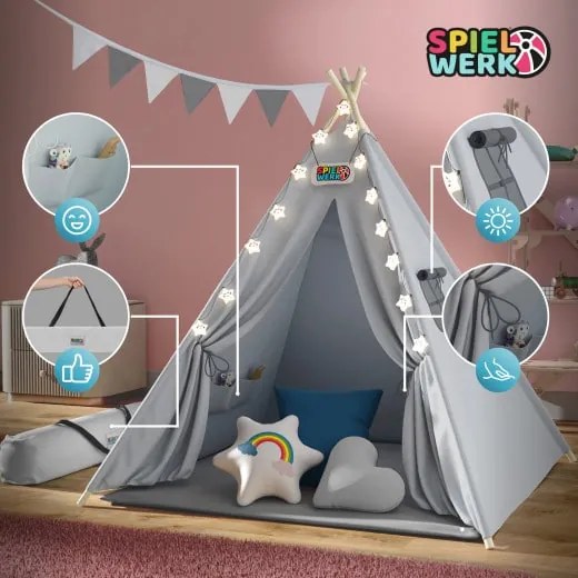 Spielwerk® Teepee gyereksátor 160x120x120cm - szürke