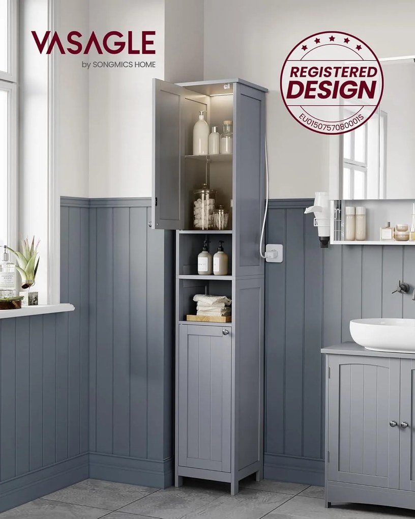 VASAGLE fürdőszobaszekrény világítással 30x30x170 cm, szürke