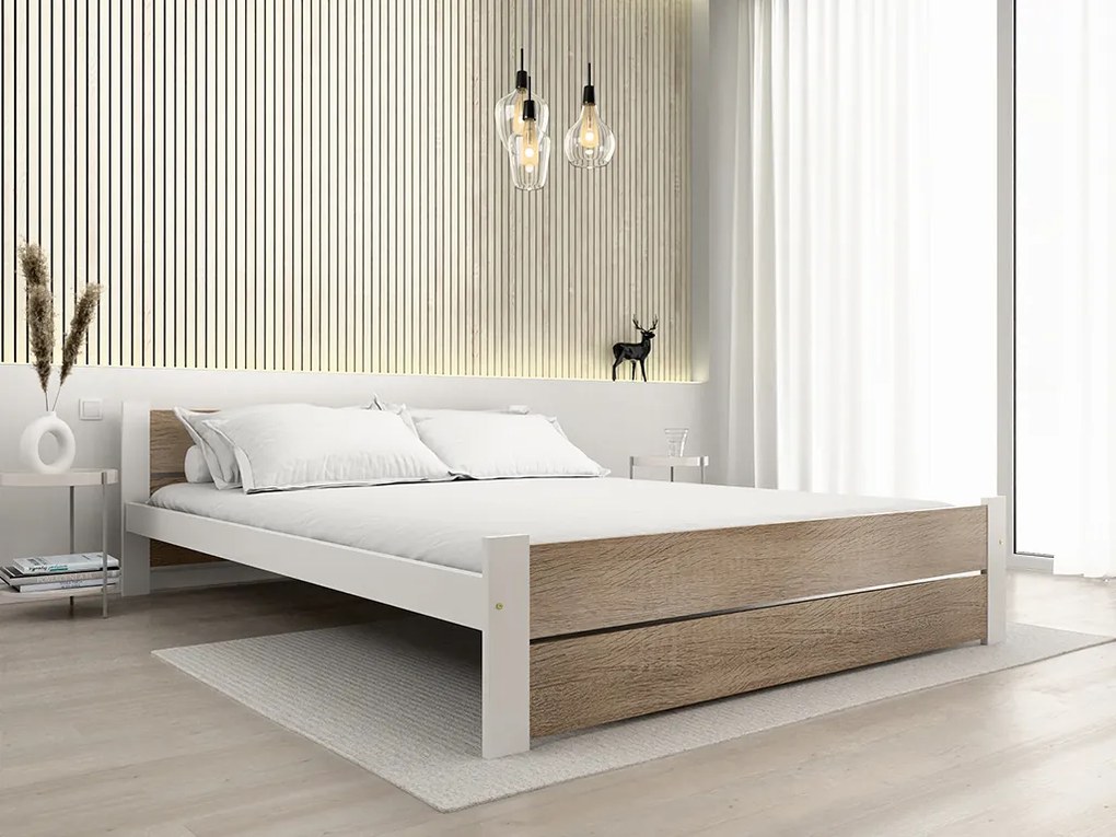 Ágy IKAROS DOUBLE 180 x 200 cm, fehér/dub sonoma Matrac: Deluxe 10 cm matraccal, Ágyrács: Deszkás ágyráccsal