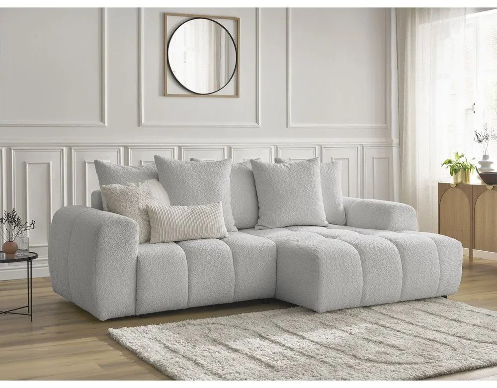 Világosszürke buklé kinyitható-tárolóhelyes sarokkanapé (jobb oldali-heverő résszel) Roxelane – Bobochic Paris