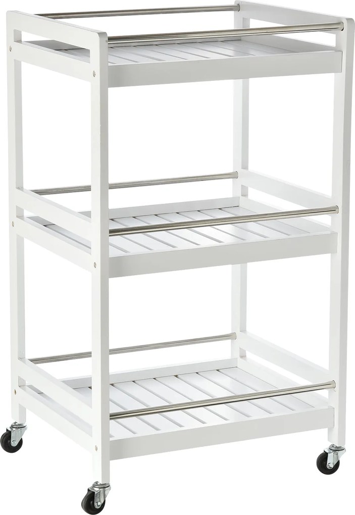 HOMCOM Helytakarékos Konyhai Kocsi Fából és Rozsdamentes Acélból, 3 Polccal és 4 360°-ban Forgó Kerekekkel, Fehér, 45cm x 38cm x 78cm | Aosom