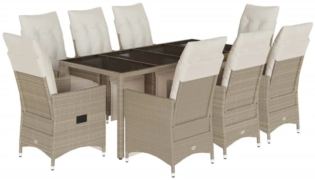 9 részes bézs polyrattan kerti bisztrógarnitúra párnákkal