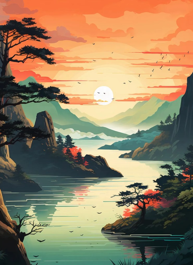 Poszter 40x55cm Lenyugvó nap a Csendes-tónál