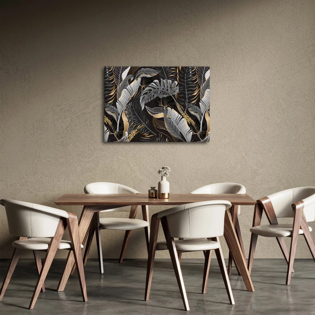 Kép - Trópusi levelek fekete és arany színben (70x50 cm)