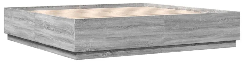 szürke sonoma színű szerelt fa ágykeret LED-del 200x200 cm