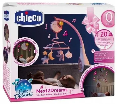 Chicco - Kiságyó forgó dallammal 3in1 NEXT2DREAMS 3xAA rózsaszín