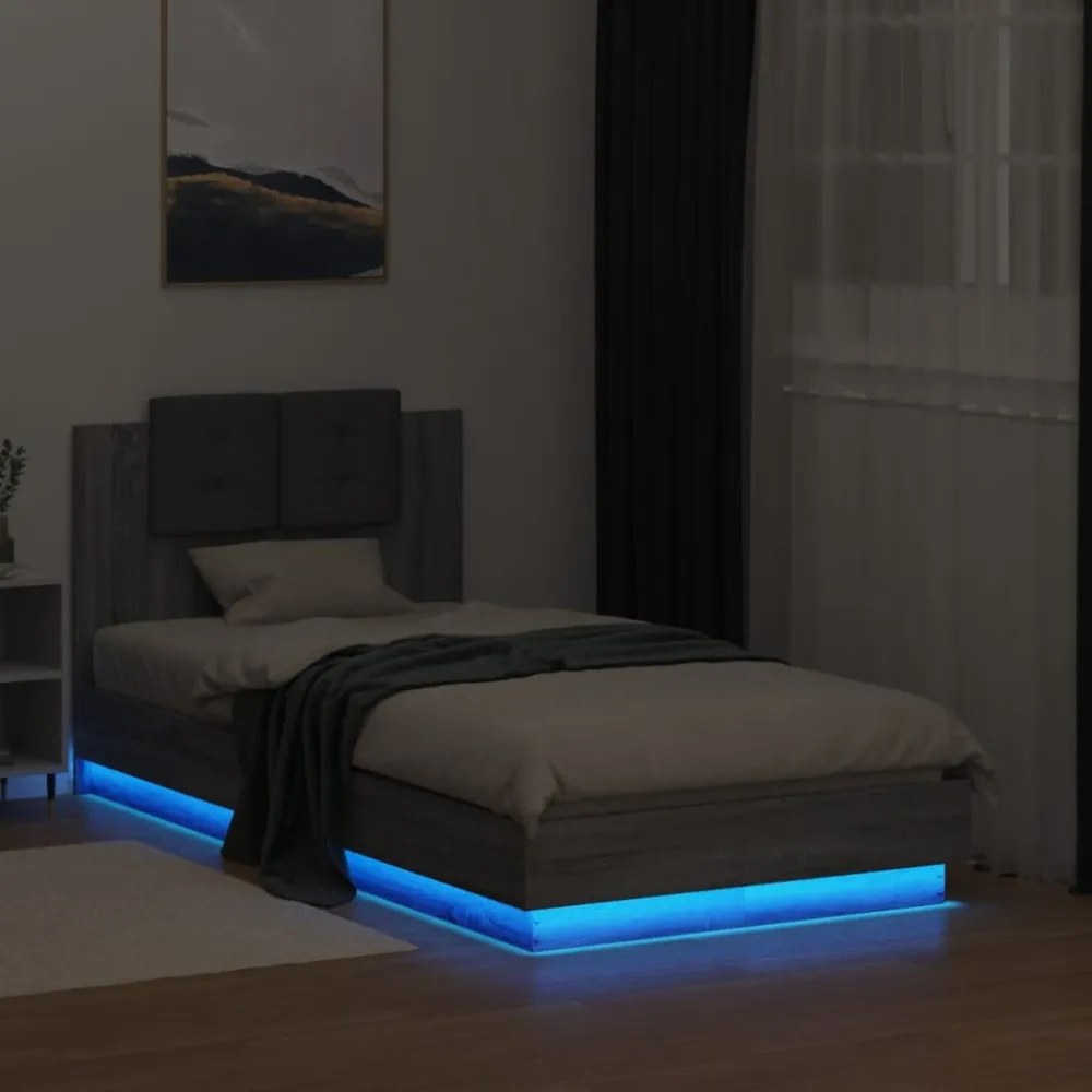 szürke sonoma színű ágykeret fejtámlával és LED-ekkel 75x190 cm