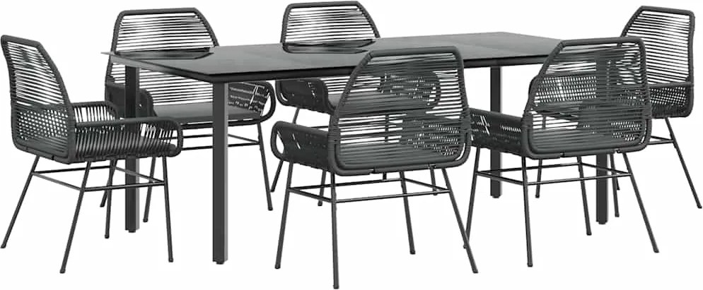 vidaXL 7 részes fekete polyrattan üveg kerti étkezőgarnitúra párnákkal