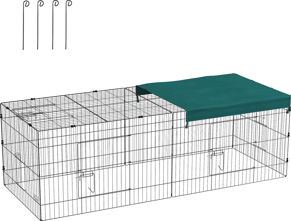PawHut Moduláris Acél Kifutó Fedéllel Nyulaknak, Rágcsálóknak és Kiskedvenceknek, Beltéri és Kültéri Használatra - 220L x 85W x 70H cm - Zöld | Aosom