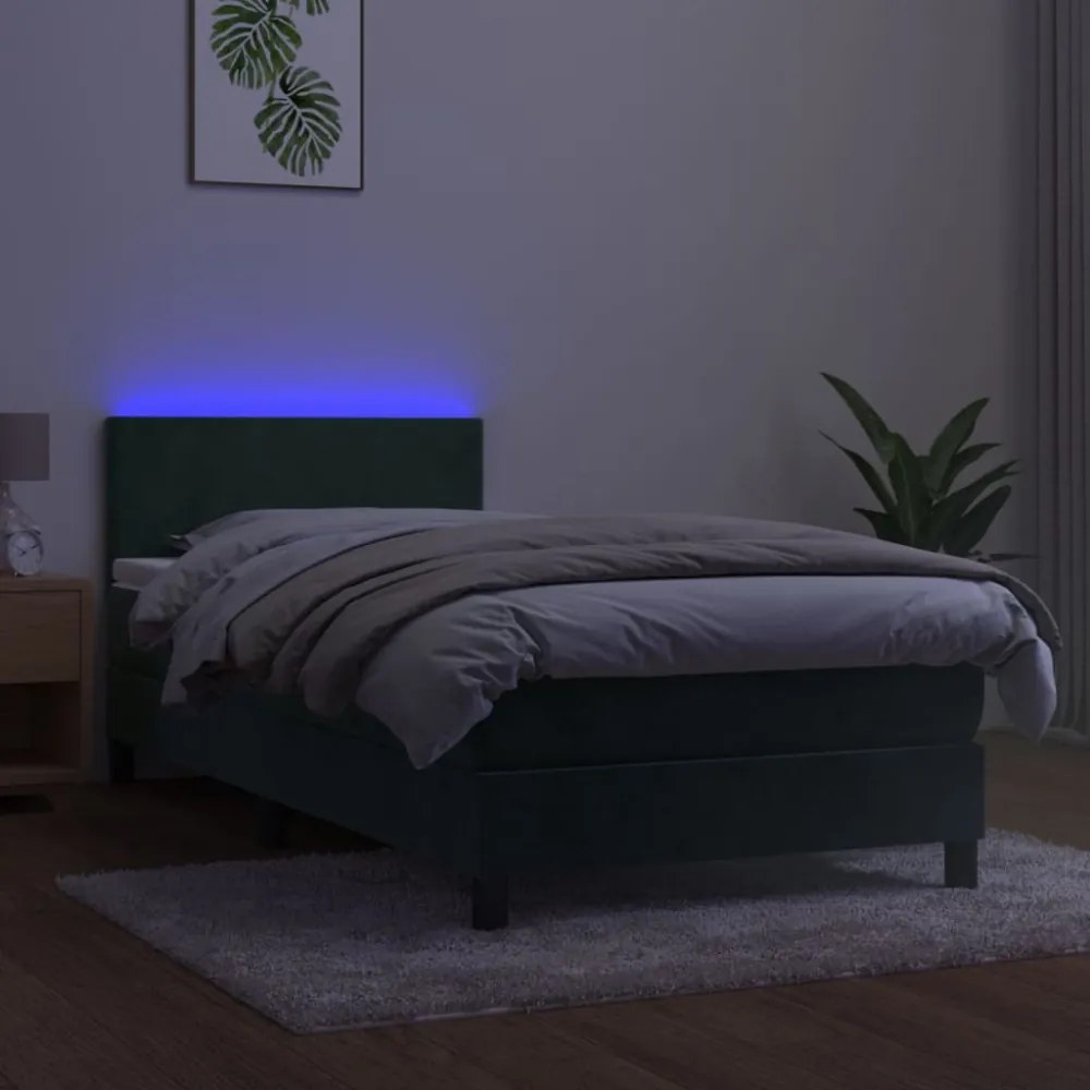 sötétzöld bársony rugós és LED-es ágy matraccal 90x200 cm