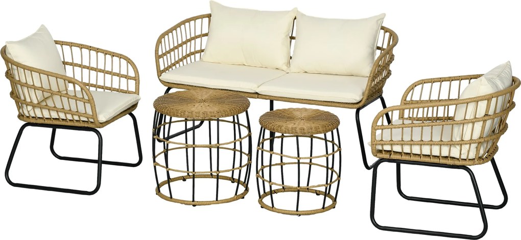 Outsunny 5 részes Rattan Kültéri Bútor Készlet, Ülőgarnitúra Párnákkal, Kert Készlet 2 Kávézóasztallal, 2 Karosszékkel és 1 Kanapéval, Ülőgarnitúra Ke