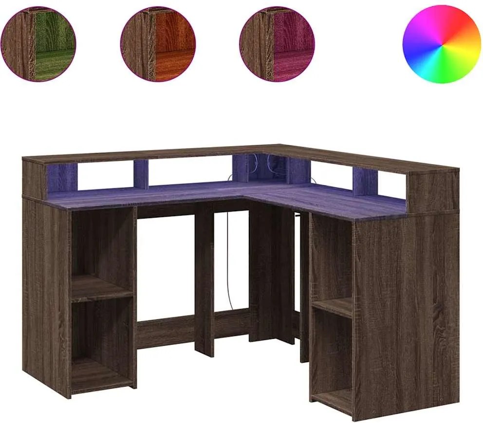 vidaXL barna tölgy színű szerelt fa íróasztal LED-ekkel 130x130x91 cm