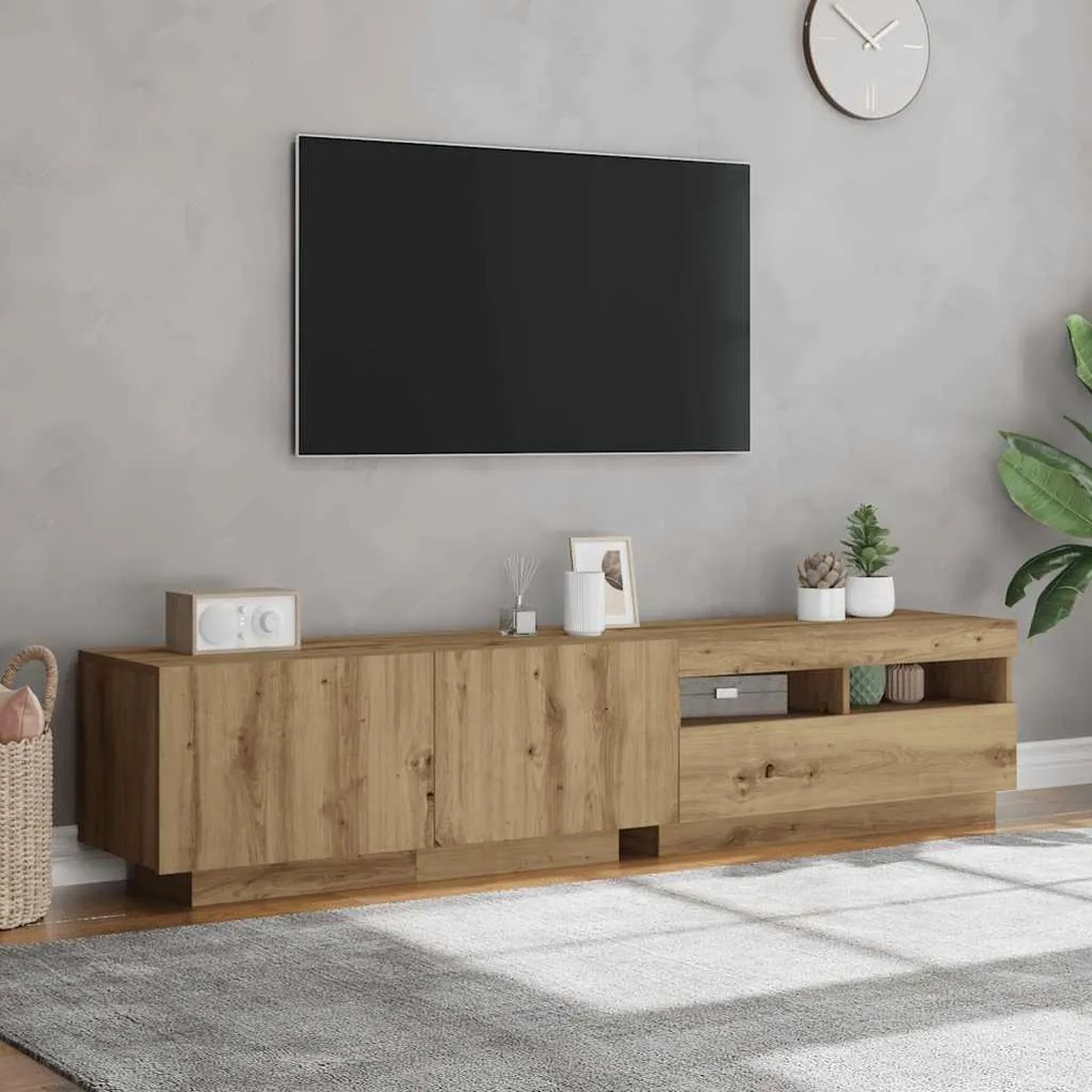 kézműves tölgy szerelt fa TV-szekrény LED-ekkel 180x35x40 cm