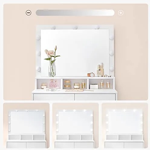 VANESA öltözőasztal nagy tükörrel és világítással, 80x40x140 cm, fehér SongmicsHome