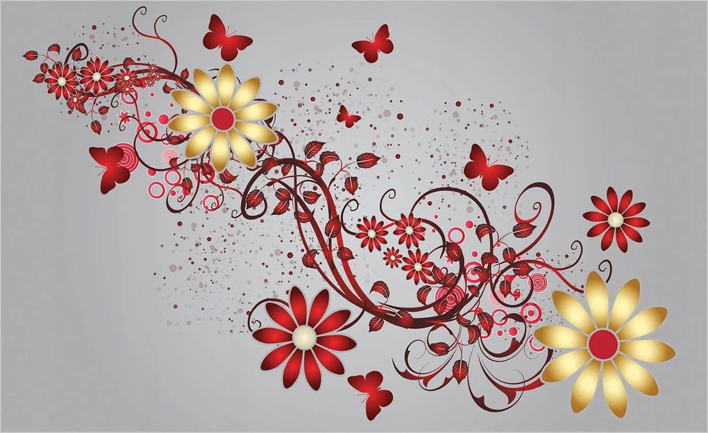 Fotótapéta Virágok Piros Arany Díszek Pillangók Vinyl 368x254 +ragasztó