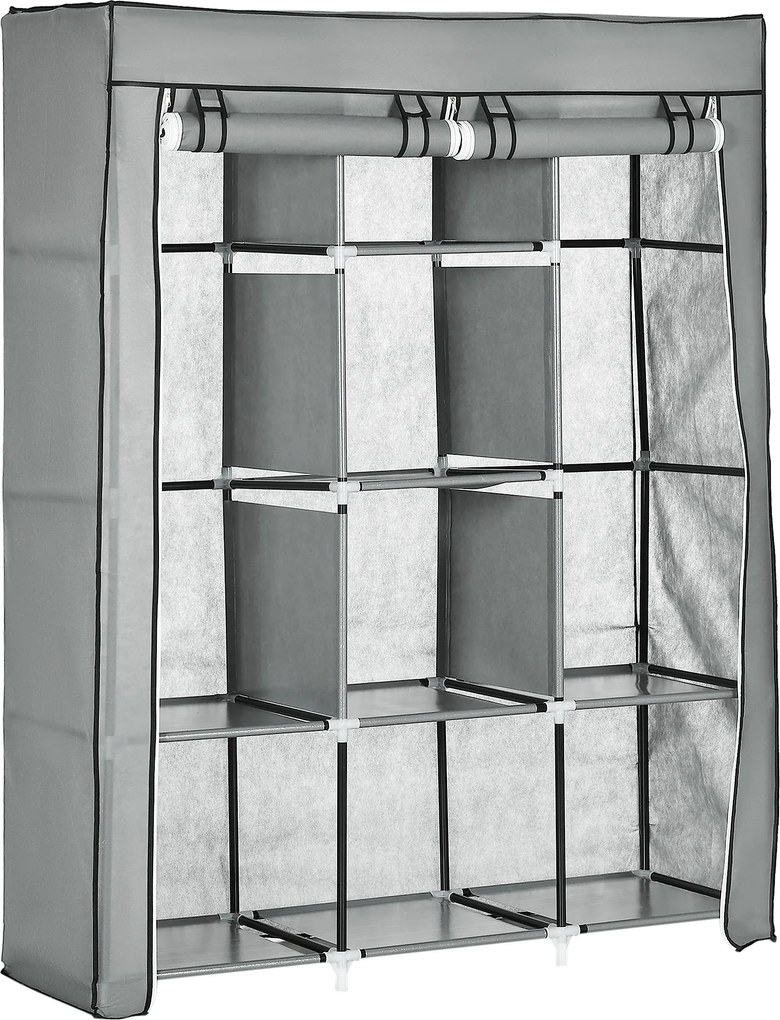 HOMCOM Szövet Szekrény, Ruhatartó Szekrény 8 Polccal, Összecsukható Szekrény Hálószobába, Aulába, Világosszürke, 125 x 43 x 162,5 cm | Aosom