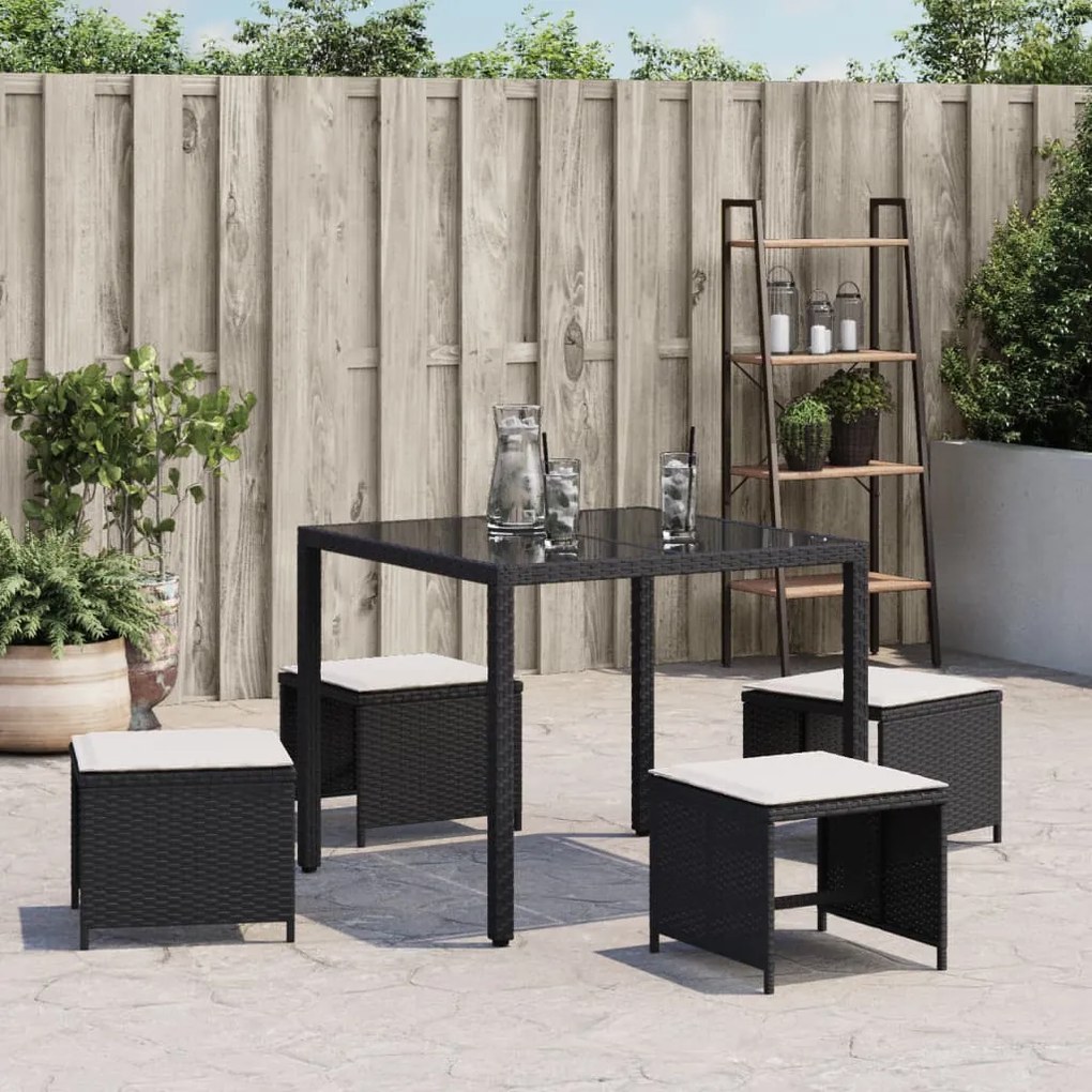4 db fekete polyrattan kerti szék párnákkal 40 x 40 x 35 cm