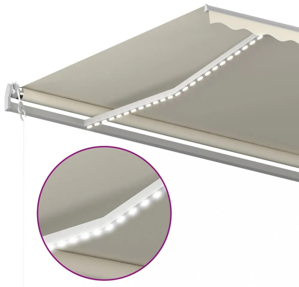 krémszínű kézzel kihúzható LED-es napellenző 5x3,5 m