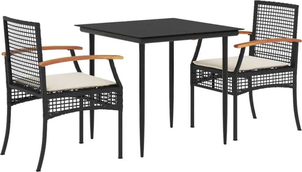 vidaXL 3 részes fekete polyrattan kerti étkezőgarnitúra párnákkal