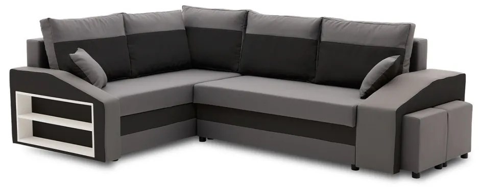 Grande sarokkanapé polcokkal és puffokkal , polc a bal karfaban puffok a jobb karfaban, baloldali, szövet anyag, bonell töltet, szürke - fekete