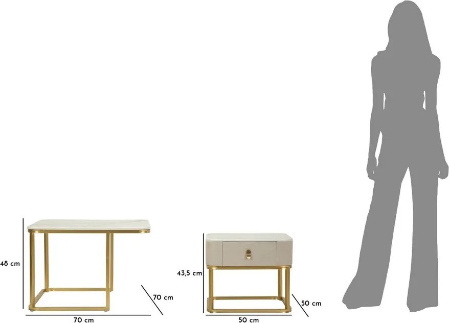 Krémszínű-aranyszínű dohányzóasztal szett márvány dekorral, 2 db-os 50x70 cm Beauty – Mauro Ferretti
