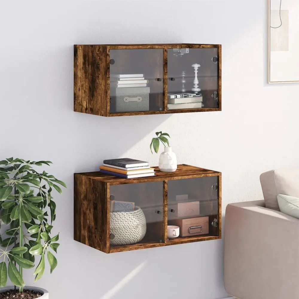 2 db füstös tölgy színű faliszekrény üvegajtókkal 68,5x37x35 cm