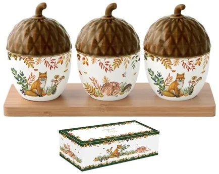 Forest Dream őszi porcelán makk alakú tálka fedővel 3 db bambusztálcán