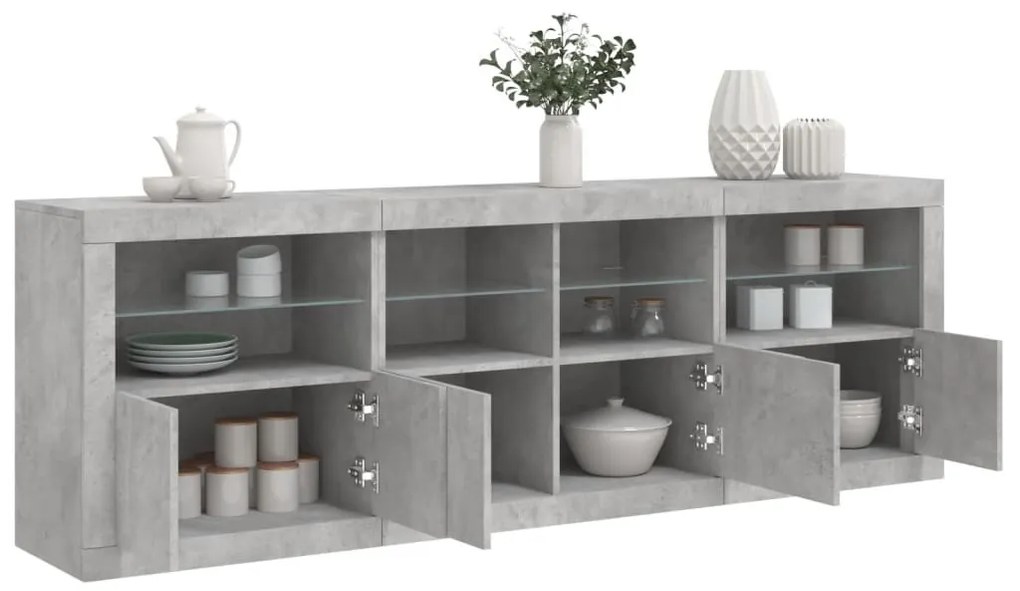 betonszürke tálalószekrény LED-világítással 202x37x67 cm