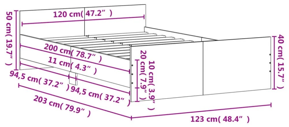 füstös tölgy színű ágykeret fej- és lábtámlával 120 x 200 cm
